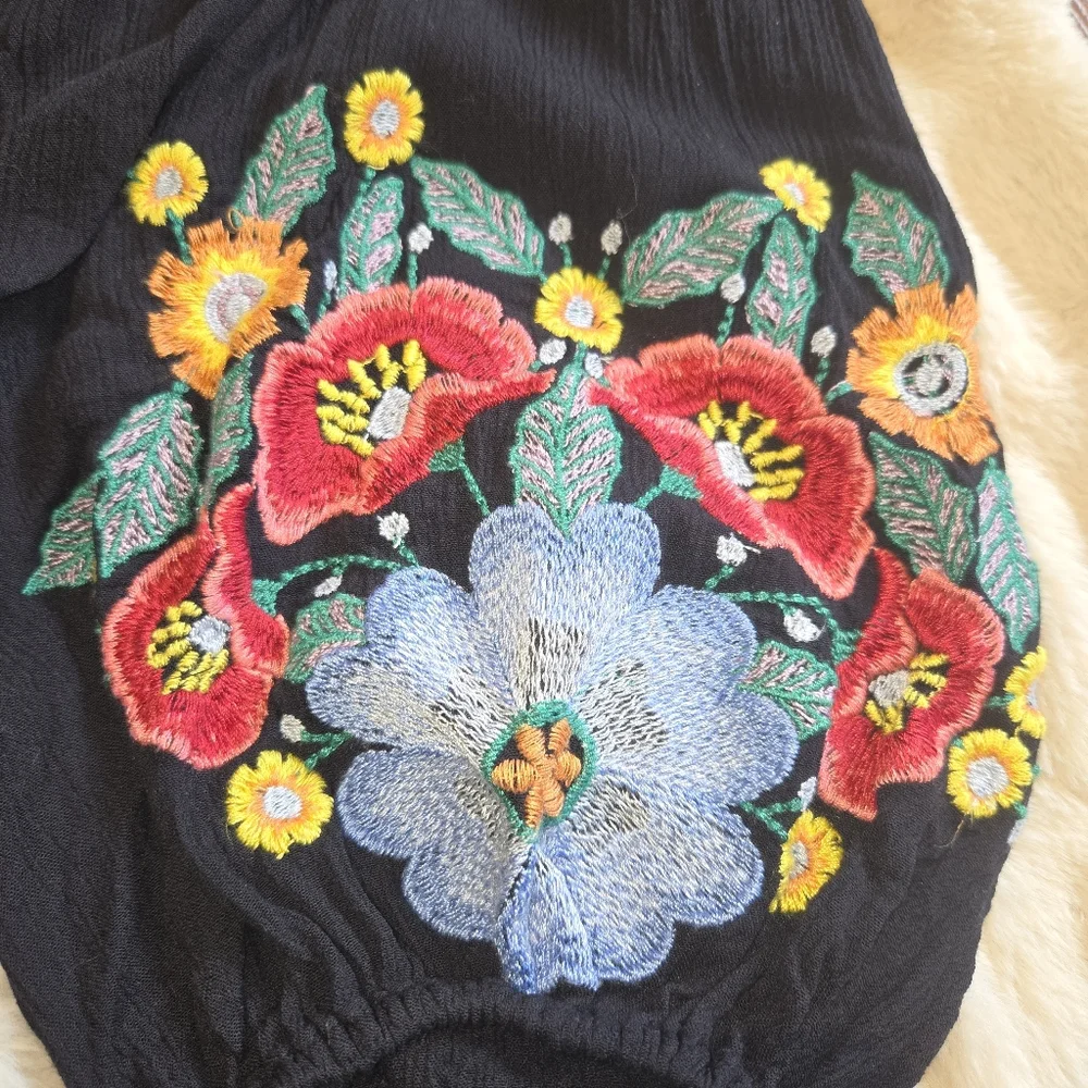 Free People Black Embroidered Balloon Sleeve Boho Oversized Tiered Dress [XS]